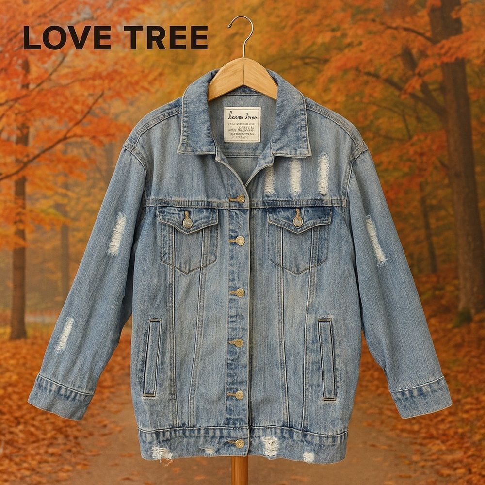 Love Tree Distressed Oversized Light Blue Jean Jacket S